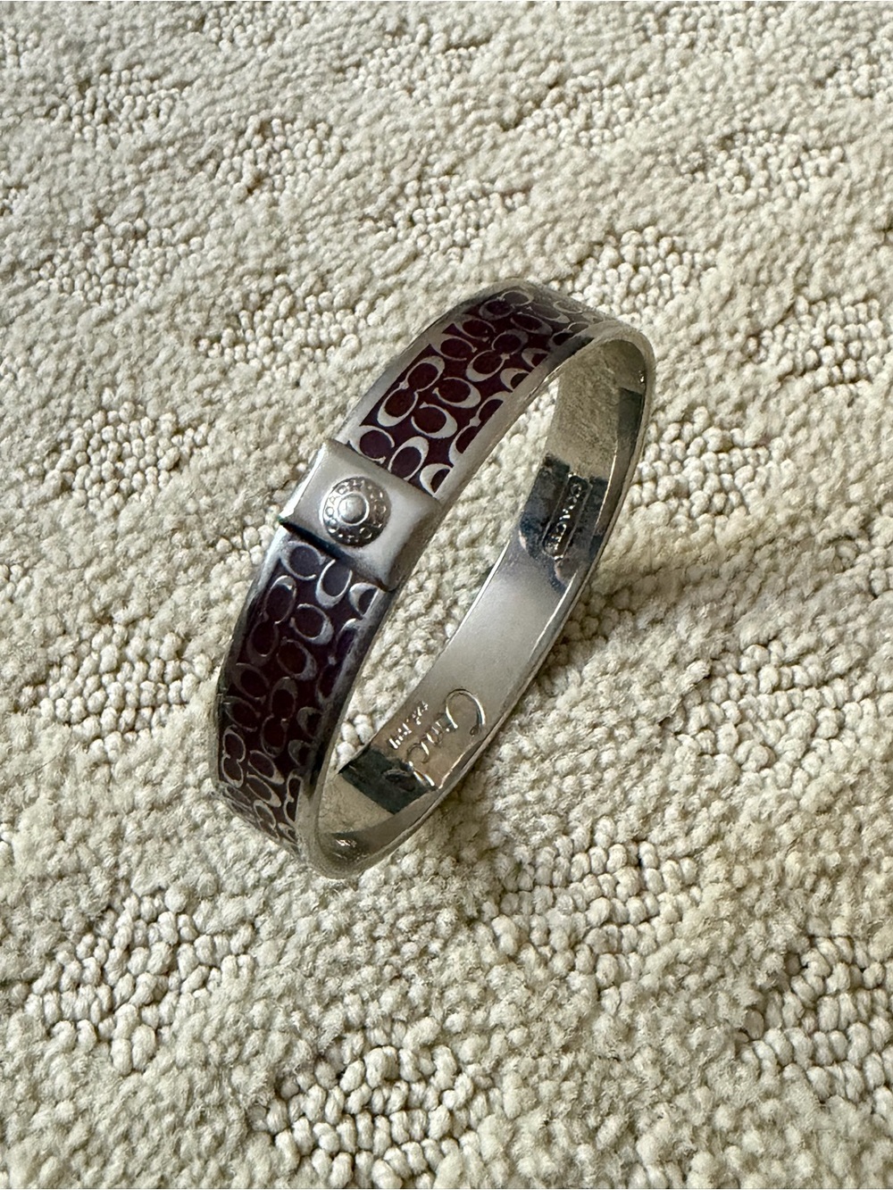 Coach Silver-Tone Bangle with Deep Burgundy Signature Enamel